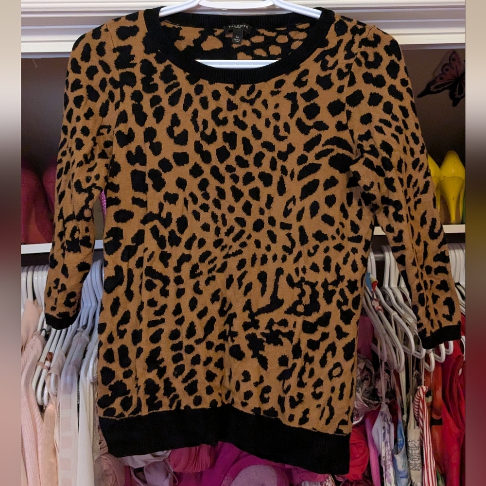 Talbots Petite Leopard Print Crewneck Sweater - Camel & Black Small